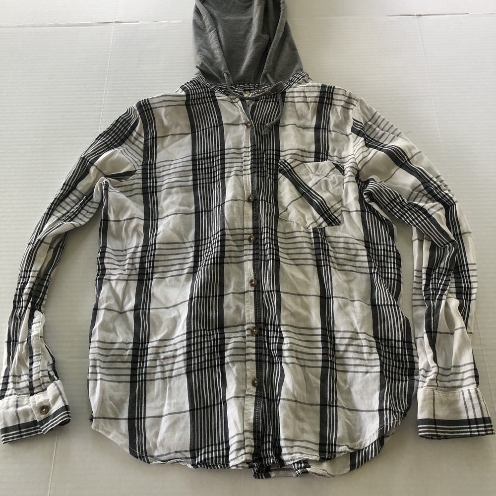 Mudd White Black Plaid Hooded Long Sleeve Button Up Top Sz L A3140